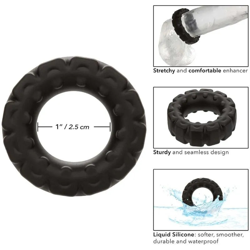 Anneau pénien noir en silicone liquide, extensible, étanche, doux et robuste, idéal pour intensifier les moments intimes.