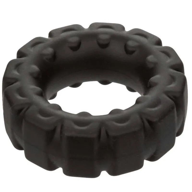 Anneau pénien noir en silicone liquide, surface texturée, extensible, hypoallergénique, étanche, durable et confortable.