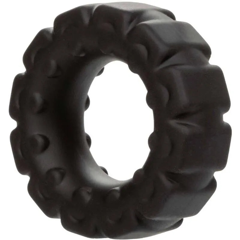Anneau pénien noir en silicone liquide, texturé, étanche, extensible, doux, robuste, hypoallergénique et antidérapant.
