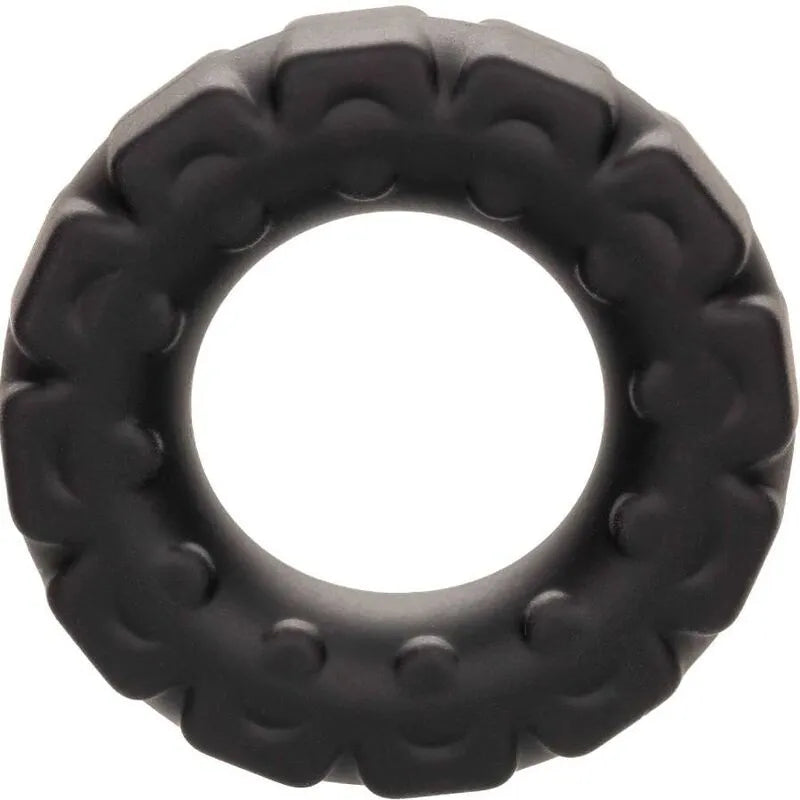 Anneau pénien noir en silicone liquide, texturé, étanche, extensible, doux et hypoallergénique pour confort optimal.