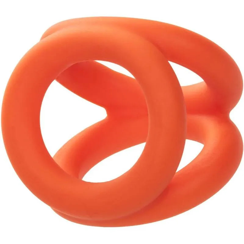 Anneau pénien triple en silicone liquide orange, ergonomique et extensible, pour confort et stimulation optimaux.