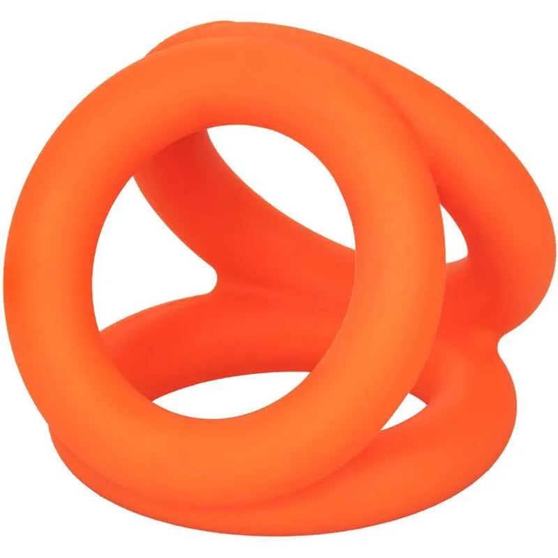 Anneau pénien triple en silicone orange, ergonomique, extensible, pour confort et maintien érection, stimulation scrotale.