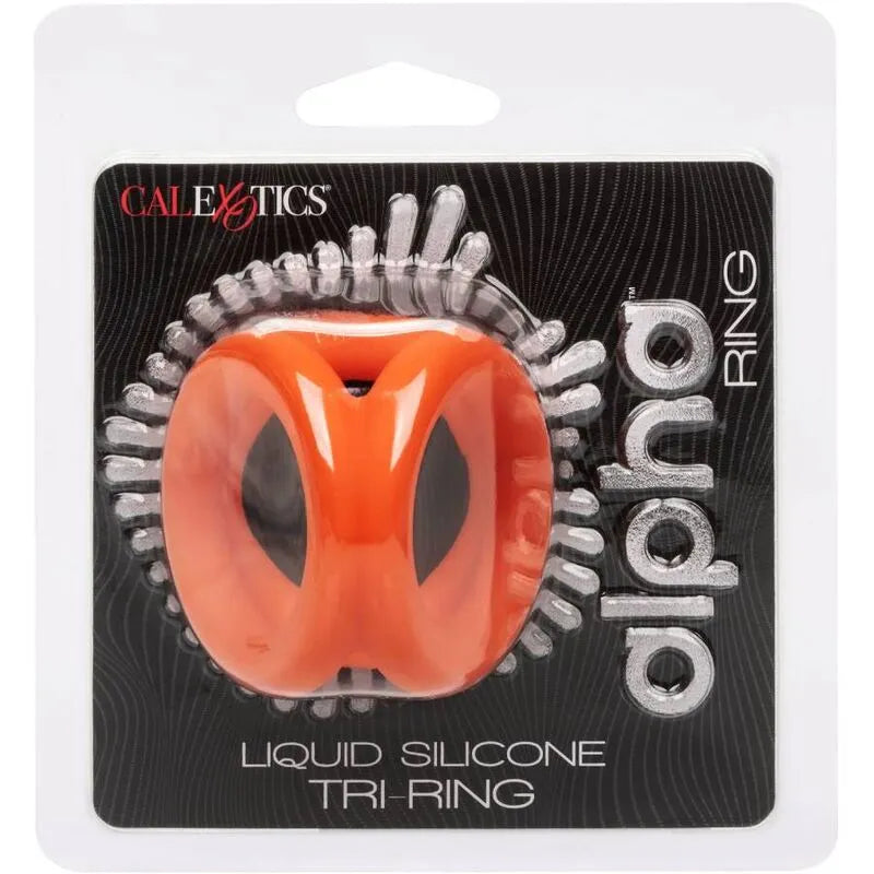Anneau pénien triple en silicone liquide orange, ergonomique et extensible, pour confort et stimulation optimale.