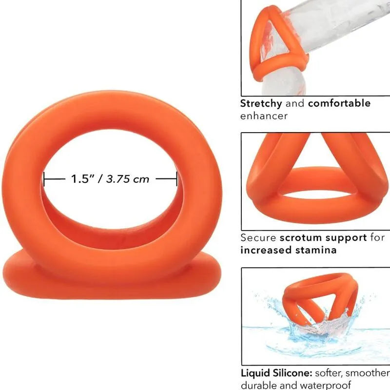 Anneau pénien triple en silicone orange, extensible, ergonomique, pour maintien érection et stimulation scrotale.