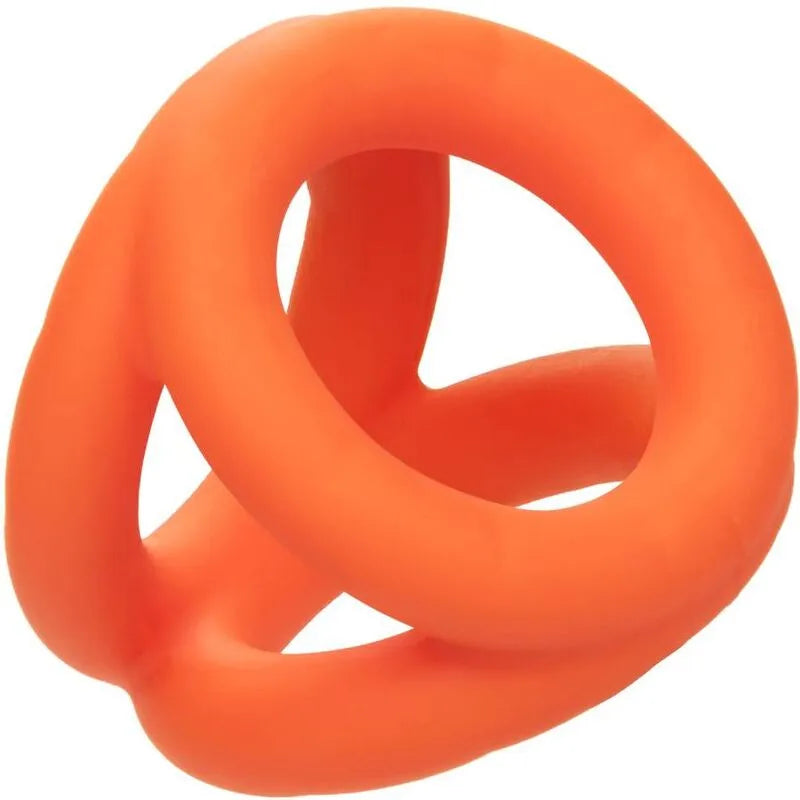 Anneau pénien triple en silicone liquide orange, ergonomique et durable, pour confort et stimulation optimale.