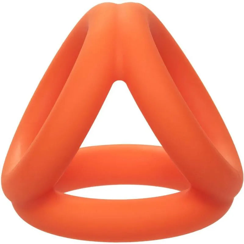 Anneau pénien triple en silicone liquide orange, ergonomique et extensible, pour confort et stimulation durable.