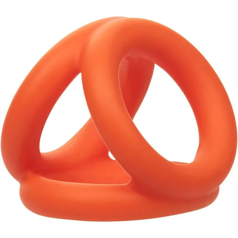 Anneau pénien triple en silicone orange, ergonomique et extensible, pour confort et maintien, stimulation érotique optimale.