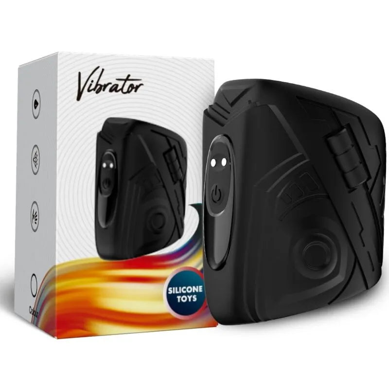 Anneau pénien noir en silicone médical avec boîtier, 9 modes de vibration, rechargeable et étanche, design ergonomique.