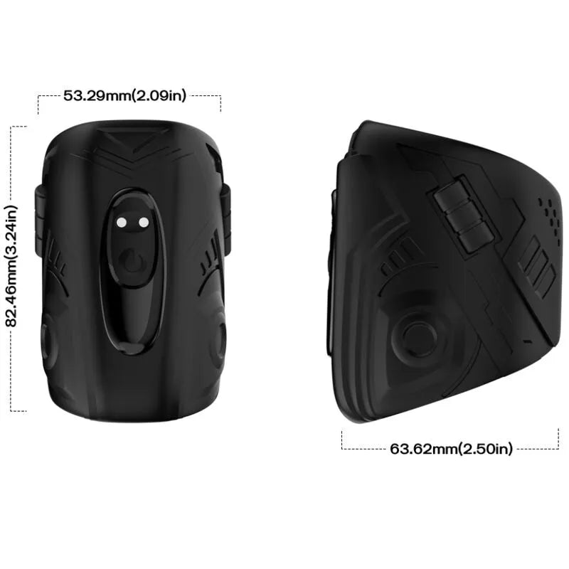 Anneau pénien noir en silicone médical, ergonomique, rechargeable, avec commandes visibles et dimensions indiquées.