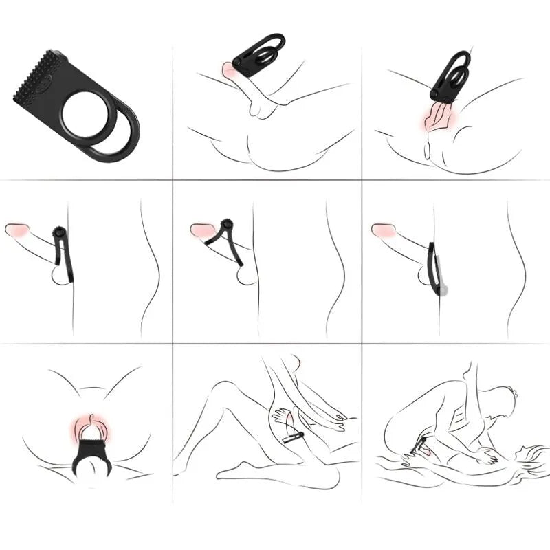 Anneau pénien vibrant noir en silicone médical avec double anneaux, stimulation clitoridienne et maintien testiculaire.