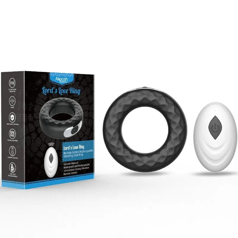 Anneau pénien noir en silicone médical avec télécommande, design ergonomique, sur fond blanc avec emballage visible.