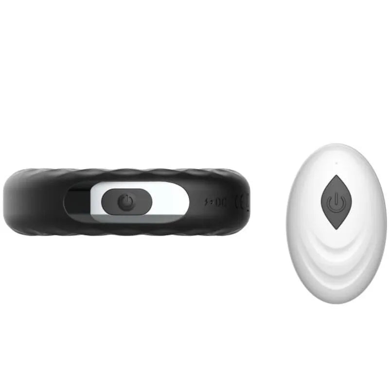 Anneau pénien noir en silicone médical avec télécommande blanche, rechargeable, étanche, 10 modes de vibrations.