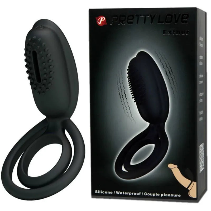 Anneau pénien noir en silicone avec stimulation clitoridienne vibrante, ergonomique, extensible, sur fond d'emballage.