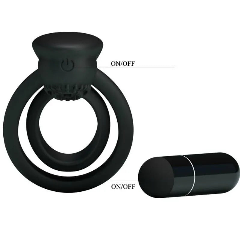 Anneau pénien noir en silicone avec stimulation clitoridienne vibrante, ergonomique et ajustable, piles incluses.