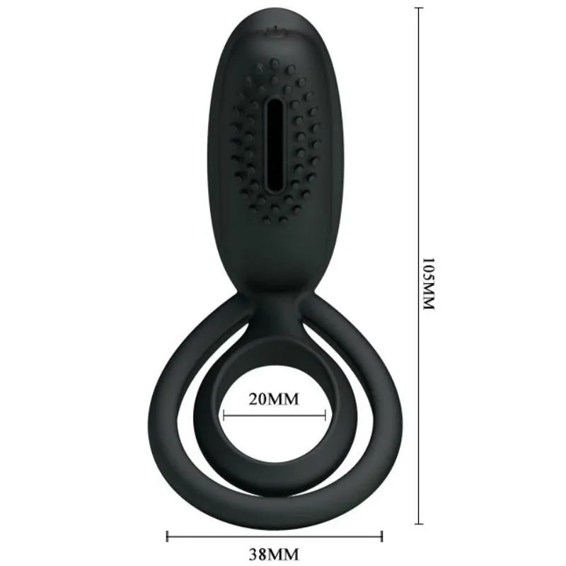 Anneau pénien silicone noir vibrant, stimulation clitoridienne, ergonomique, extensible, 105mm x 38mm, confort optimal.