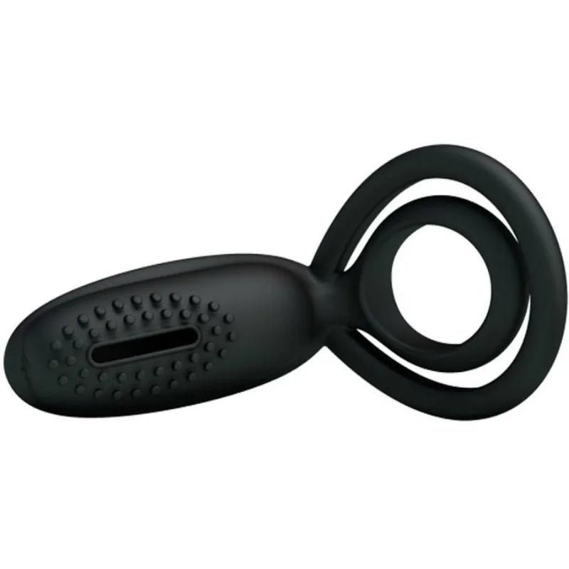Anneau pénien silicone noir, ergonomique, avec stimulation clitoridienne vibrante, extensible et ajustable.