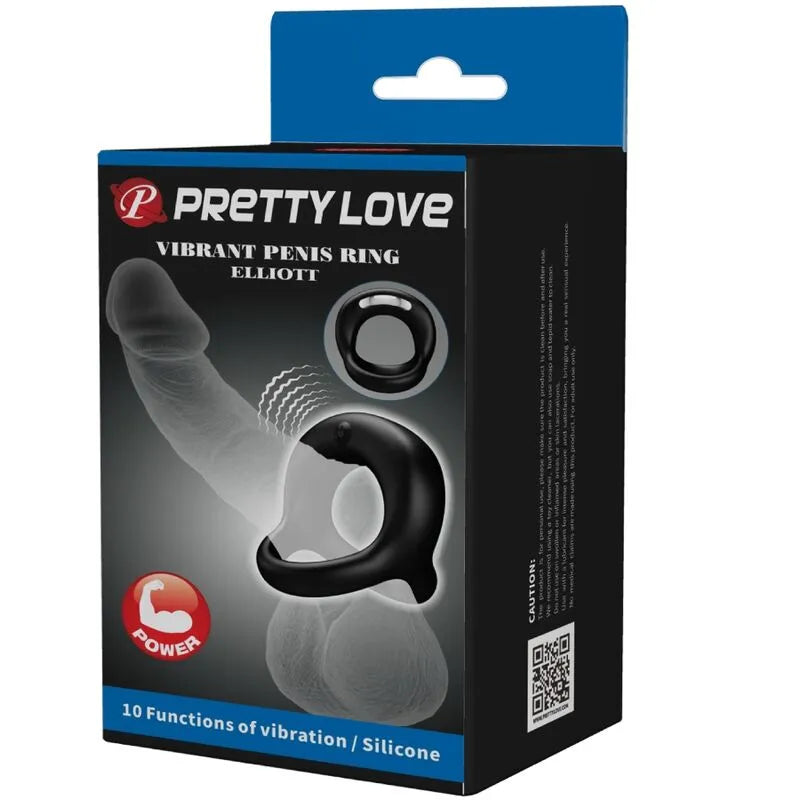 Anneau pénien silicone noir avec sangle testicules, dix modes vibrations, étanche, rechargeable USB, boîte bleue.
