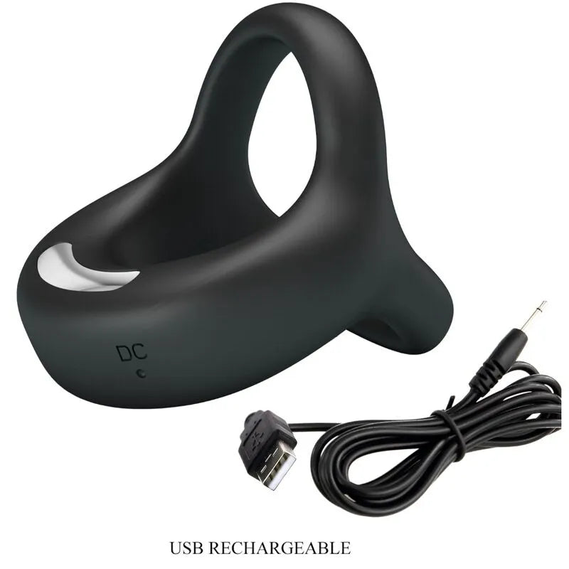 Anneau silicone noir velouté avec sangle testicules, 10 modes vibrations, étanche, rechargeable USB, confort optimal.