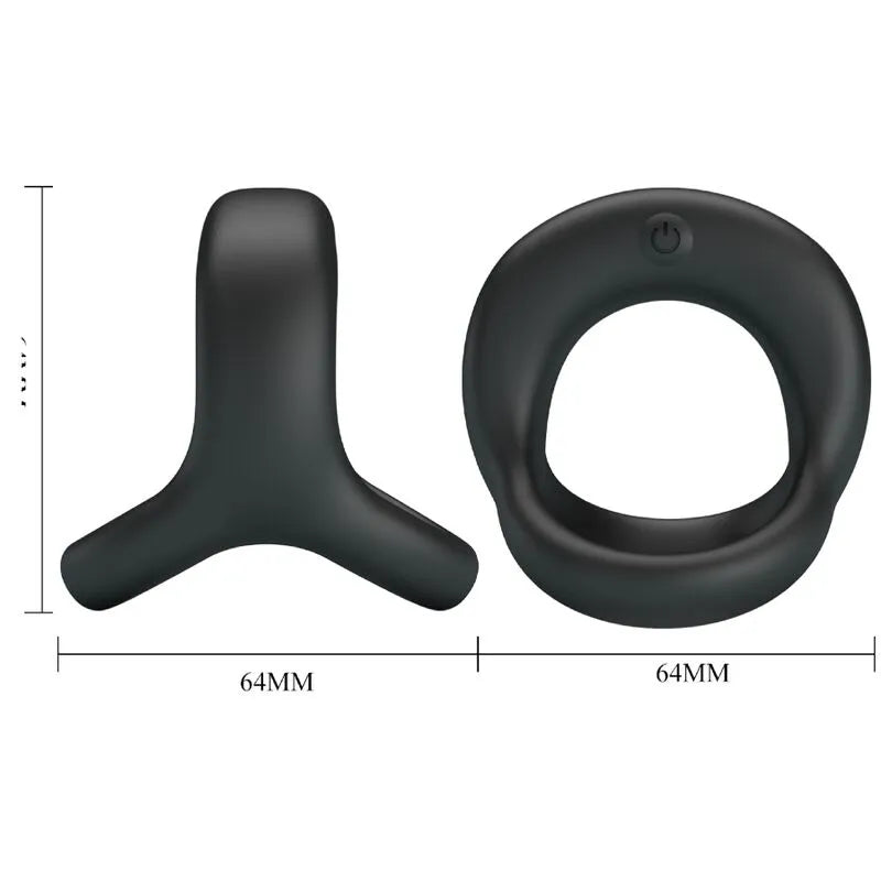 Anneau noir silicone velouté, sangle testicules, 10 modes vibrations, étanche, rechargeable USB, dimensions 64mm.