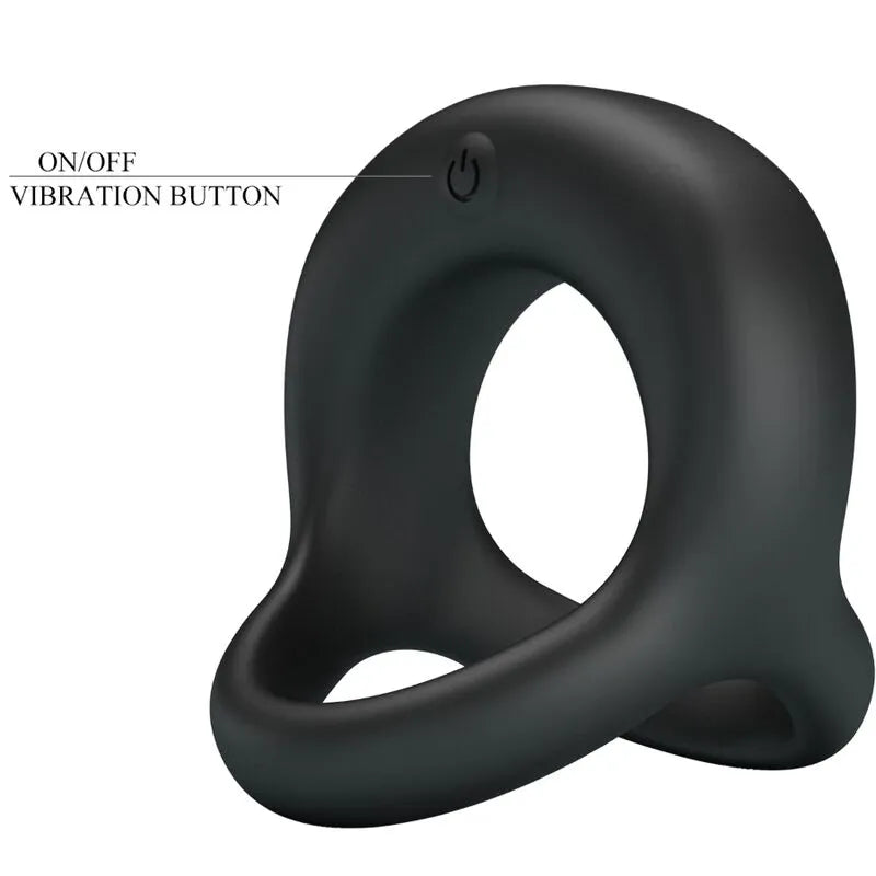 Anneau silicone noir velouté avec sangle testicules, bouton vibrations, extensible, étanche, rechargeable USB.