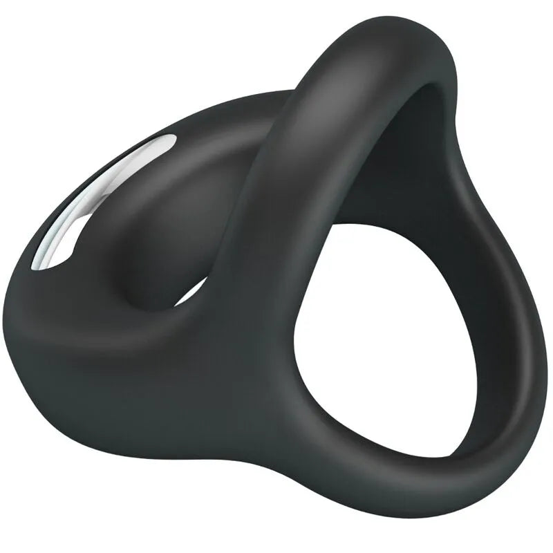 Anneau silicone noir velouté avec sangle testicules, 10 modes vibrations, étanche, rechargeable USB, confort optimal.