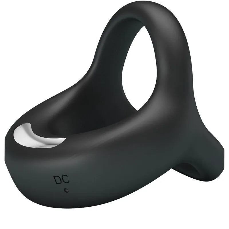 Anneau noir en silicone velouté avec sangle testicules, vibrations rechargeables USB, design ergonomique et étanche.