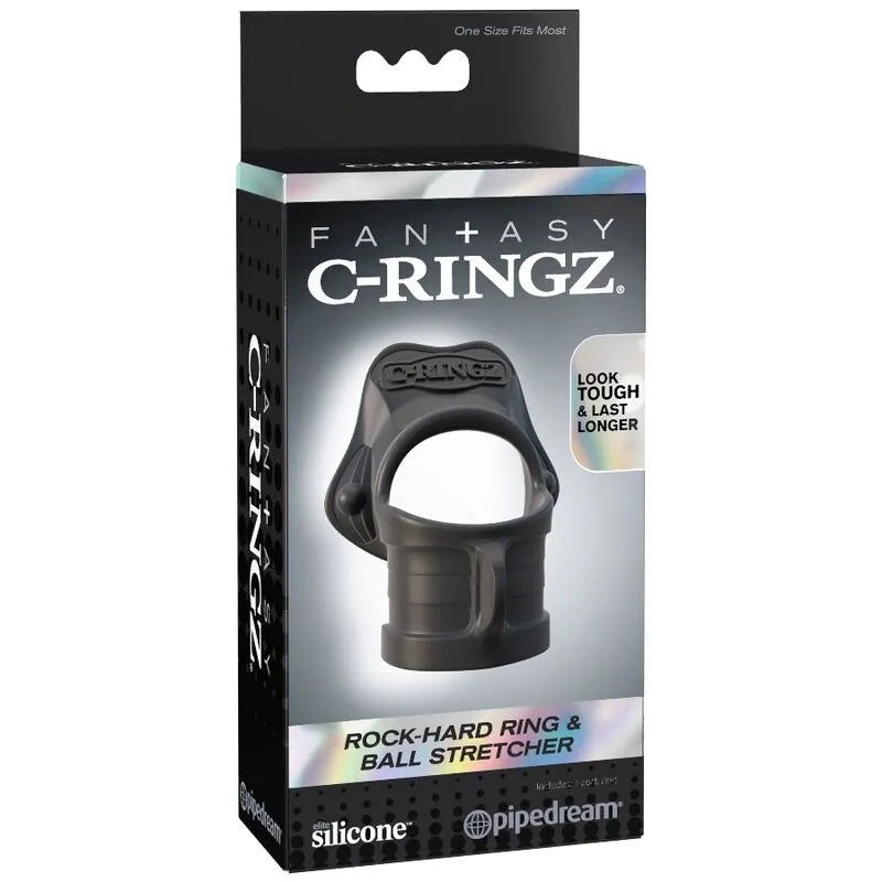 Anneau pénien noir en silicone médical, ergonomique, avec étireur testiculaire, pour érections durables et confort optimal.
