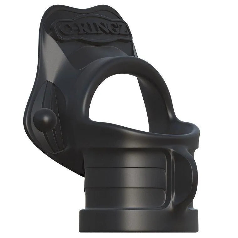 Anneau pénien noir en silicone médical, ergonomique, avec étireur testiculaire pour érections durables et confort optimal.