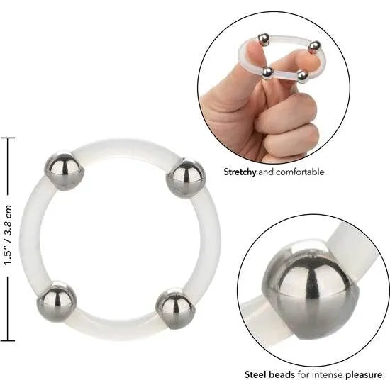 Anneau pénien silicone blanc perlé acier inoxydable, élastique, ajustable, stimulation intense, confort durable.