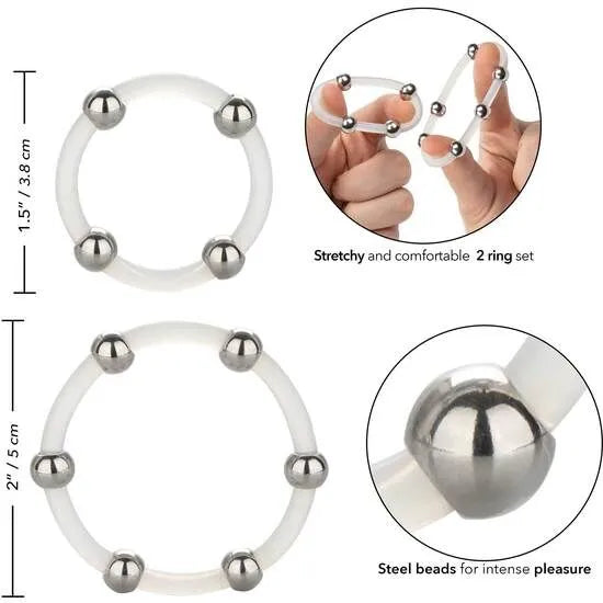 Anneau pénien silicone blanc perlé acier inoxydable, extensible, stimulation intense, confort et ajustement parfait.
