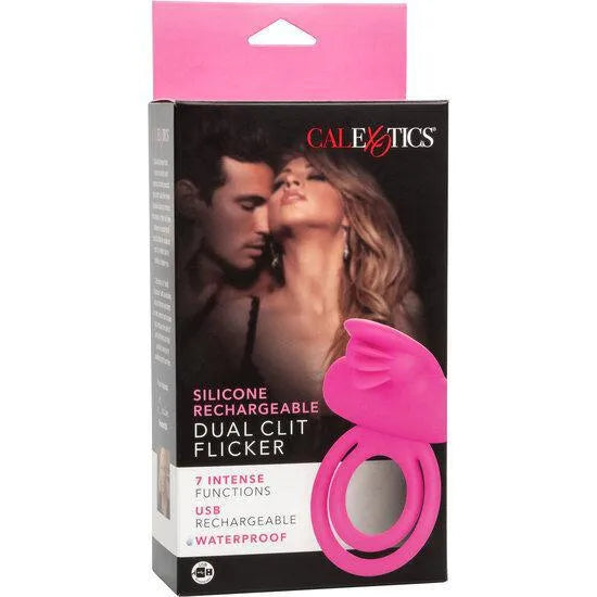 Cockring silicone rose rechargeable, forme ergonomique, 7 vibrations, étanche, télécommande USB, packaging élégant.