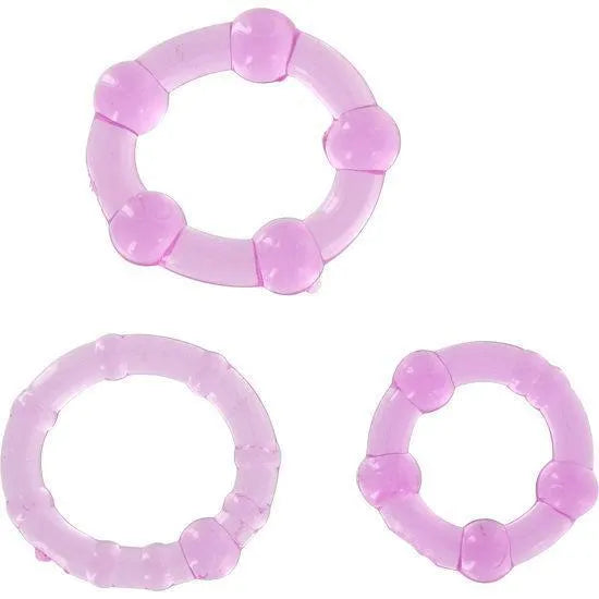 Anneaux cockring silicone rose pour retard éjaculation, trois tailles, prolongation érection, confort et qualité.