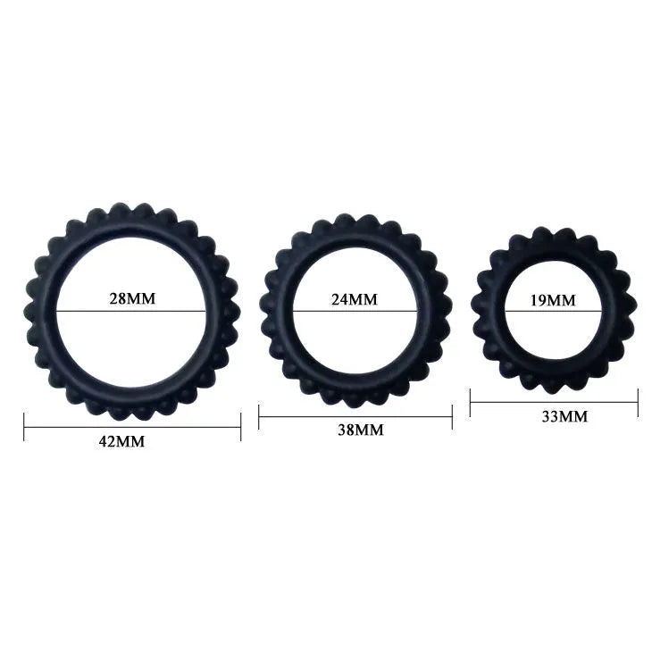 Anneaux péniens silicone noirs, trois tailles 28mm, 24mm, 19mm, submersibles, flexibles, confortables, retardateurs d'éjac...