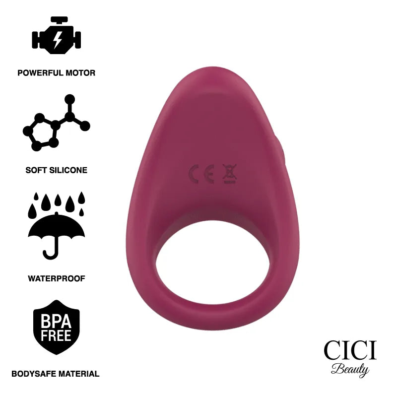 Anneau pénien rouge en silicone médical, étanche IPX7, avec moteur puissant et dix modes de vibration pour stimulation.
