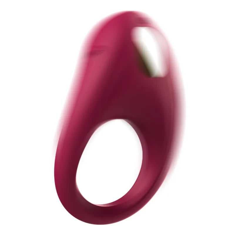 Anneau pénien rouge en silicone médical, étanche, avec vibrations puissantes, forme ergonomique pour stimulation optimale.
