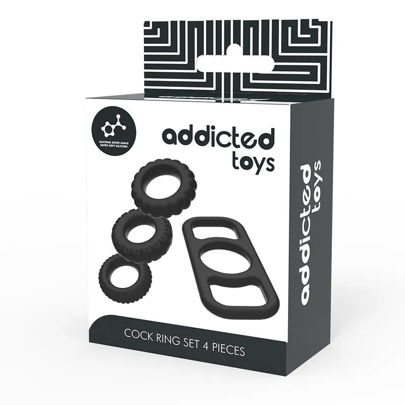 Ensemble de cockrings en silicone noir, souple et ergonomique, sur fond blanc, pour stimulation intense et érection durable.