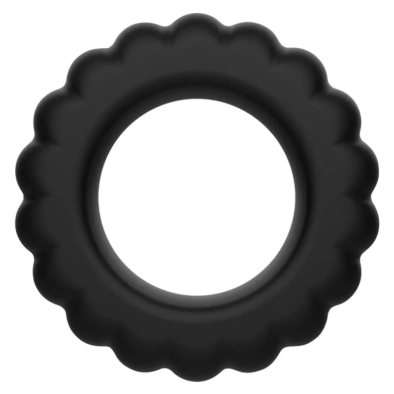 Anneau noir en silicone souple, forme ergonomique, texture ondulée, pour stimulation intense et érections durables.