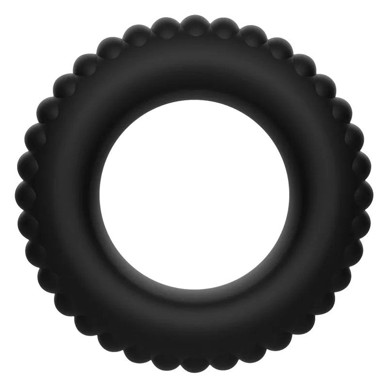 Cockring noir en silicone souple, forme ergonomique, surface texturée, améliore érection, stimulation intense, sans phtala...