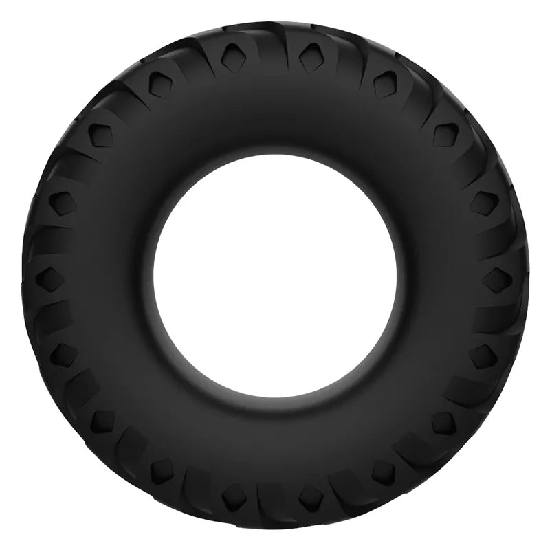 Anneau noir en silicone souple, forme ergonomique, surface texturée, pour stimulation intense et érection améliorée.