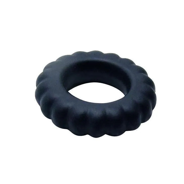 Anneau pénien silicone noir, texturé, submersible, flexible, diamètre 2 cm, retardateur éjaculation, hypoallergénique.