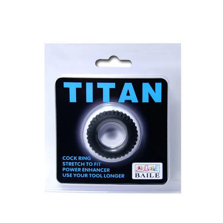 Anneau silicone noir texturé, submersible, retardateur d'éjaculation, emballage marqué Titan, fond blanc.