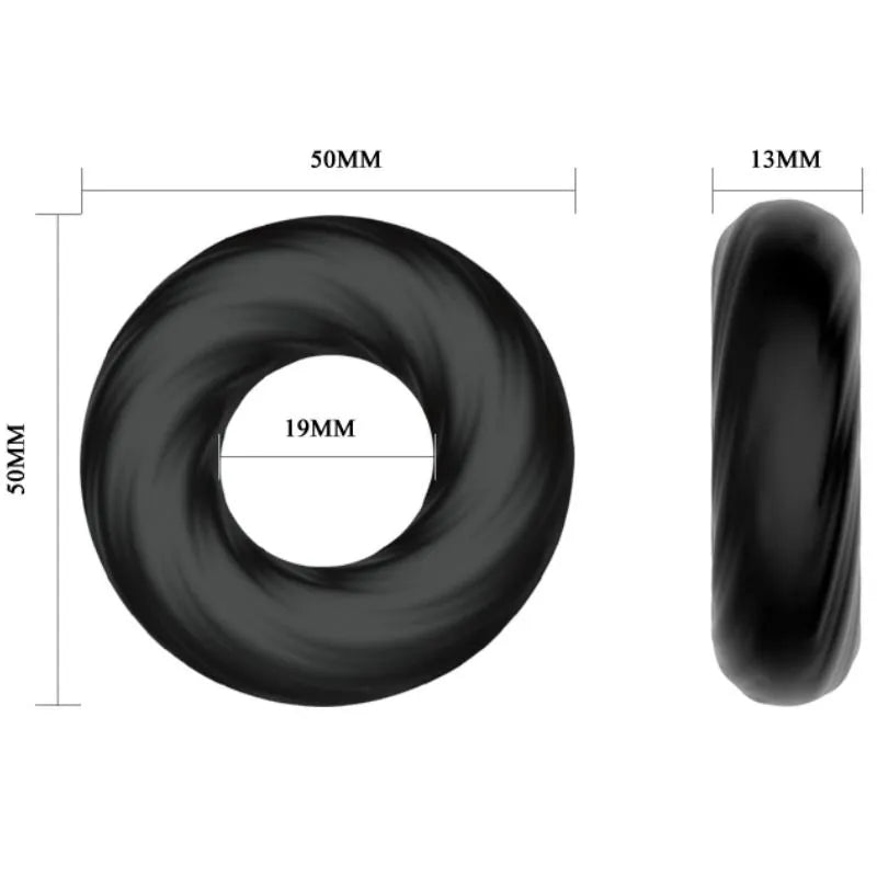 Cockring silicone noir ultra doux, élastique, discret, extensible, vue dimensions 50mm x 13mm, amélioration performance.