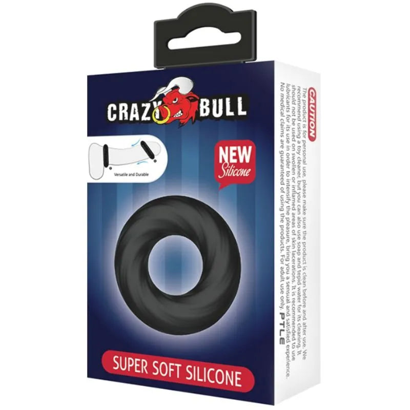 Cockring silicone noir, ultra doux et élastique, dans un emballage discret avec illustration et logo.