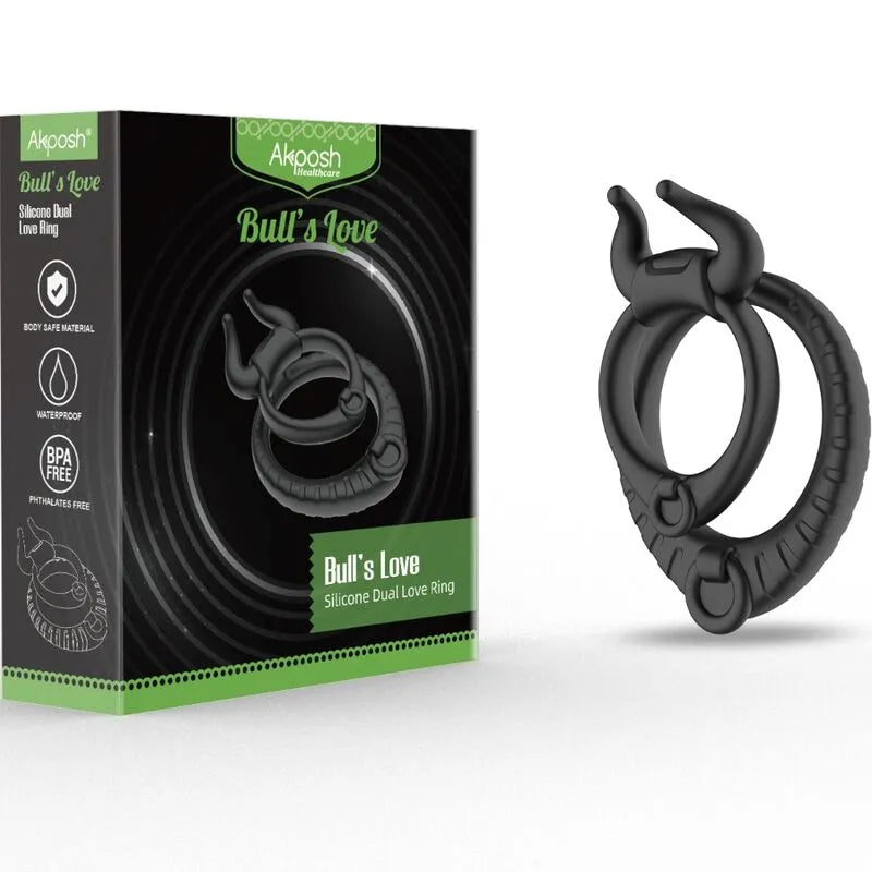 Anneau pénien noir en silicone médical, ergonomique et étanche, avec boîte verte, pour plaisir aquatique et confort optimal.