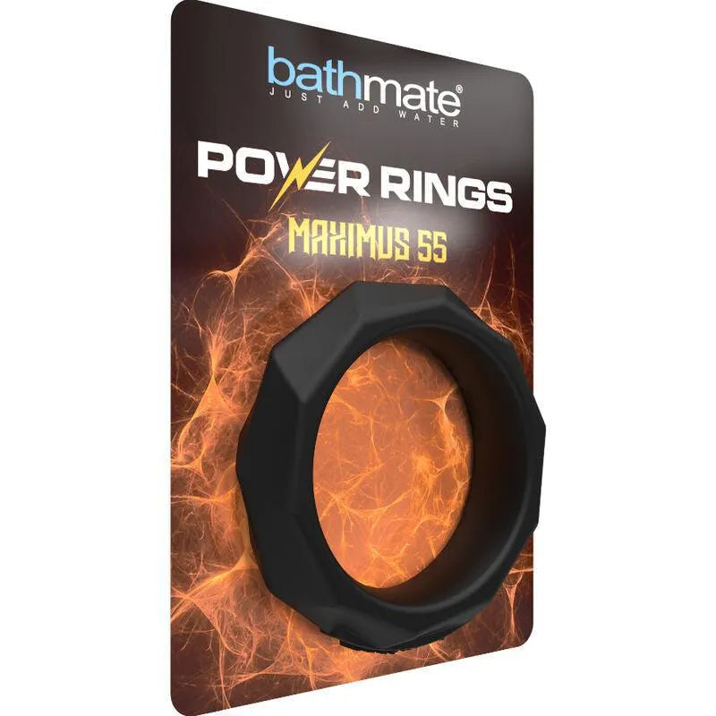 Anneau pénien silicone noir, ultra doux et flexible, sur fond d'emballage Power Rings, idéal pour confort et performance.