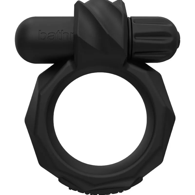 Anneau silicone noir avec vibrateur intégré, 10 modes, forme ergonomique, étanche et discret pour plaisir intensifié.
