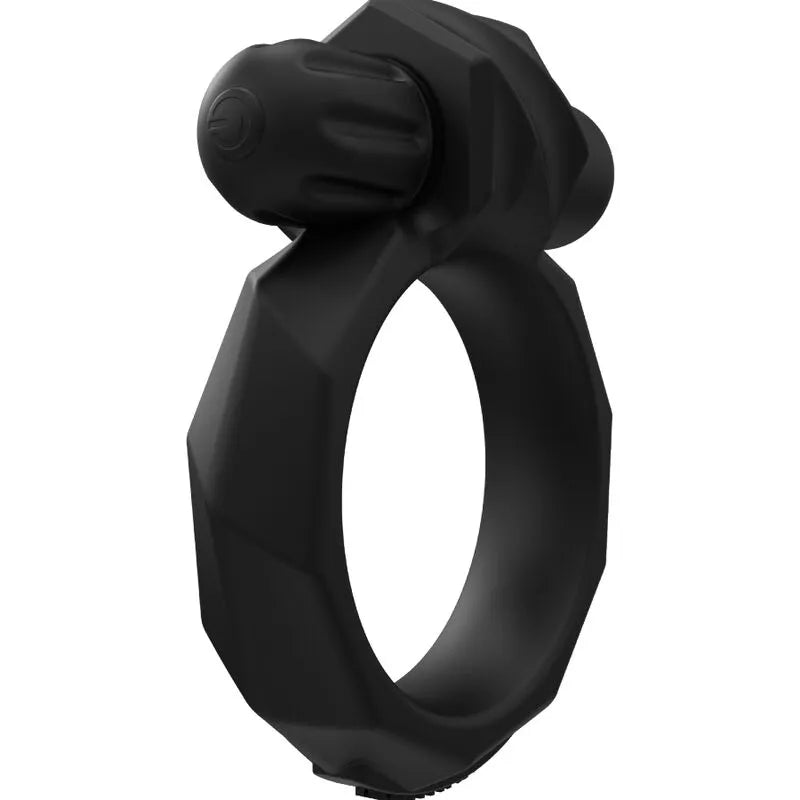 Cockring silicone noir ergonomique avec vibreur intégré, design moderne, ajustable, dix modes de vibrations.