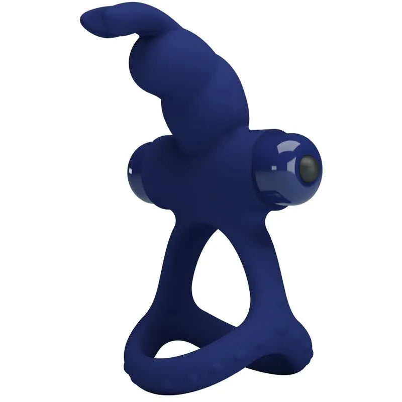 Anneau pénien vibrant bleu en silicone, forme ergonomique, 10 fonctions de vibration, compact et extensible.