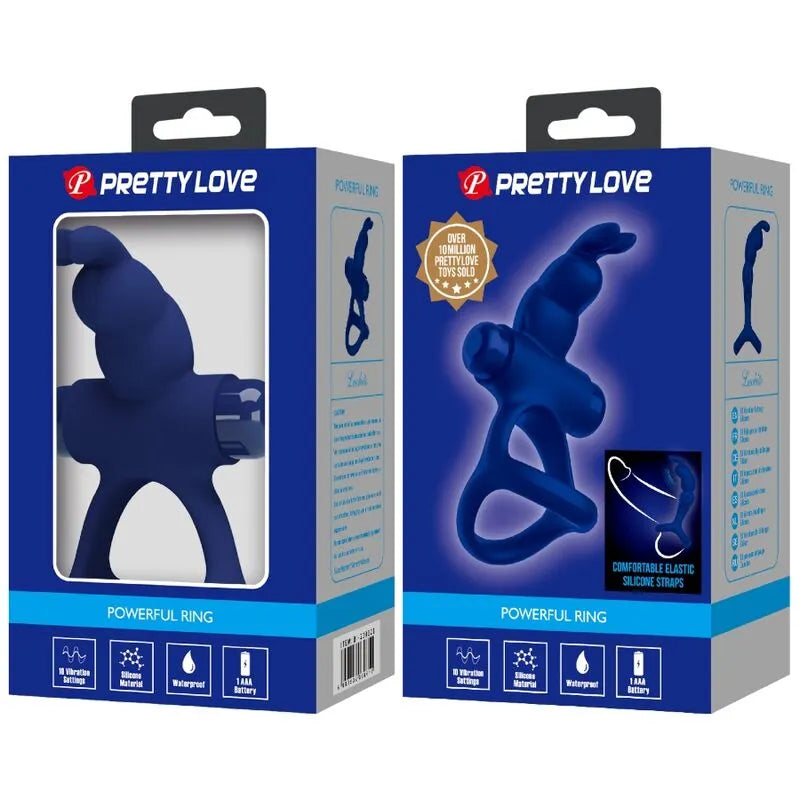 Anneau pénien vibrant bleu en silicone, extensible, ergonomique, avec 10 fonctions de vibration, emballage compostable.