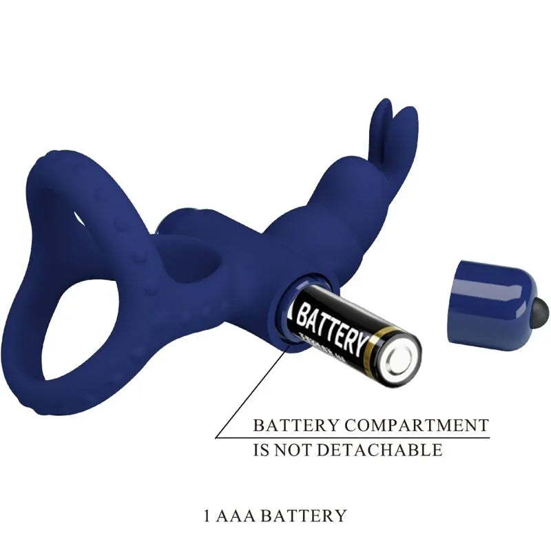 Anneau pénien vibrant bleu en silicone avec compartiment pile AAA, design ergonomique, 10 fonctions de vibration.